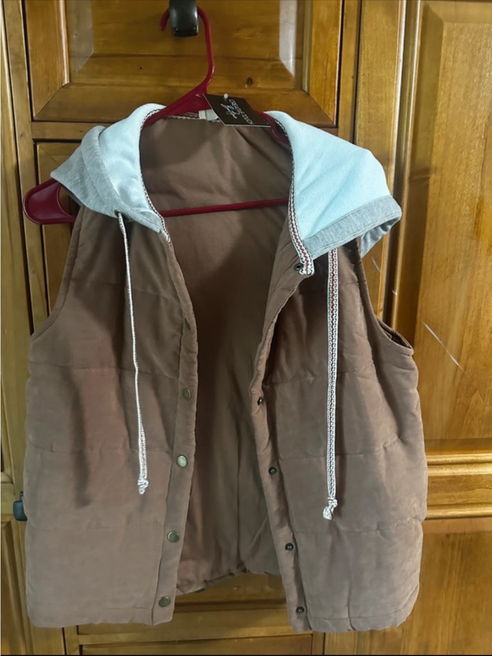 Hem & Thread Brown Puffer Vest with Light Gray Hood